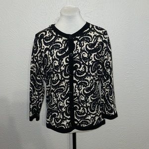 Talbots Black & White Paisley Cardigan 100% Merino Wool